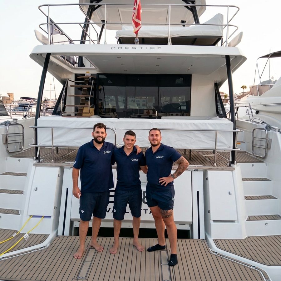Equipo de 4deck tras instalar teca sintética EVA en un Prestige